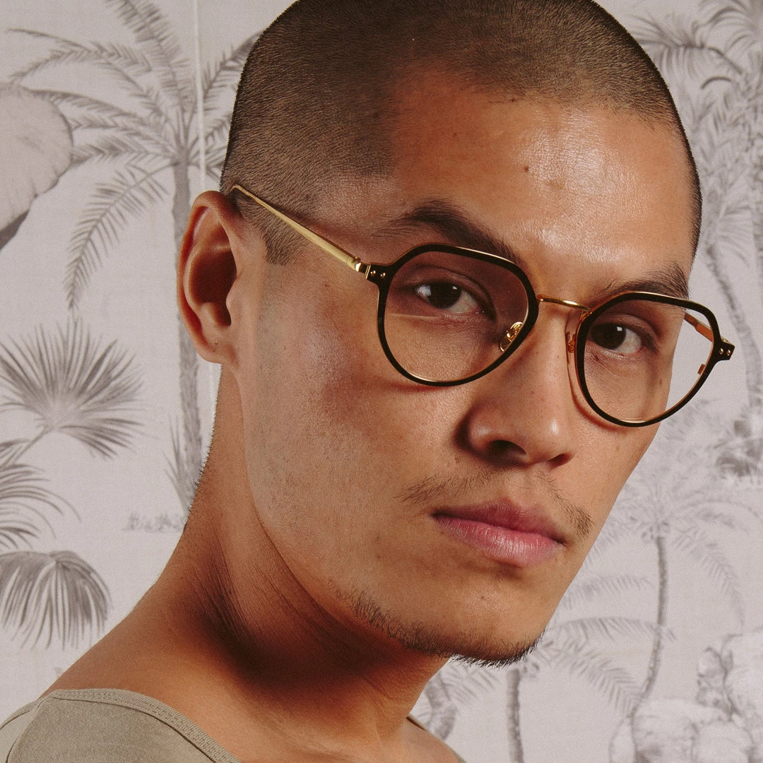 LINDA FARROW (U.K.) Axel Angular Optical Frame In Yellow Gold And Black (Men's) Women's 2 LINDA FARROW (U.K.) Axel Angular Optical Frame In Yellow Gold And Black (Men's) Women's