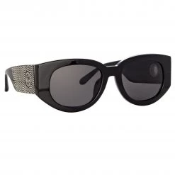 LINDA FARROW (U.K.) Virtual Try On Debbie D-Frame Sunglasses In Black And Crystal Temples
