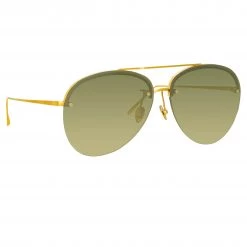 LINDA FARROW UK Dee Aviator Sunglasses In Yellow Gold And Green