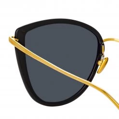 LINDA FARROW UK Liza Cat Eye Sunglasses In Black And Yellow Gold Women's