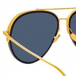 LINDA FARROW (U.K.) Abel Aviator Sunglasses In Black And Yellow Gold Women's