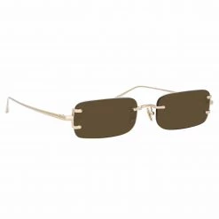 LINDA FARROW (U.K.) Taylor Rectangular Sunglasses In Light Gold And Brown