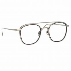 LINDA FARROW (U.K.) Clark Aviator Optical Frame In White Gold And Black