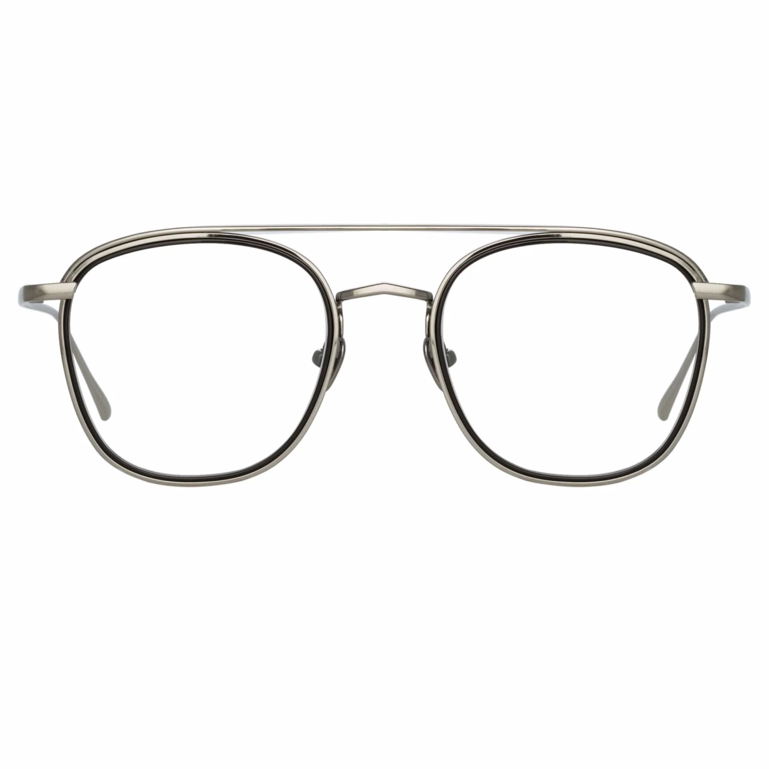 LINDA FARROW (U.K.) Clark Aviator Optical Frame In White Gold And Black 1 LINDA FARROW (U.K.) Clark Aviator Optical Frame In White Gold And Black