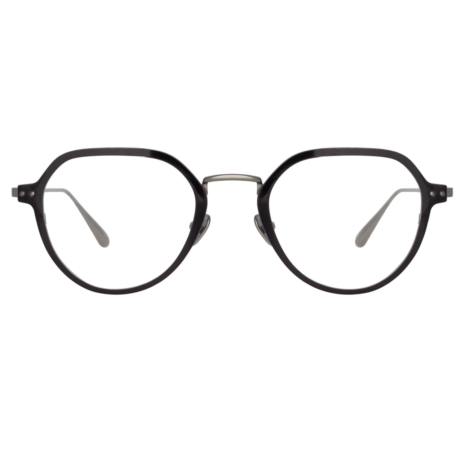LINDA FARROW (U.K.) Axel Angular Optical Frame In White Gold And Black 1 LINDA FARROW (U.K.) Axel Angular Optical Frame In White Gold And Black