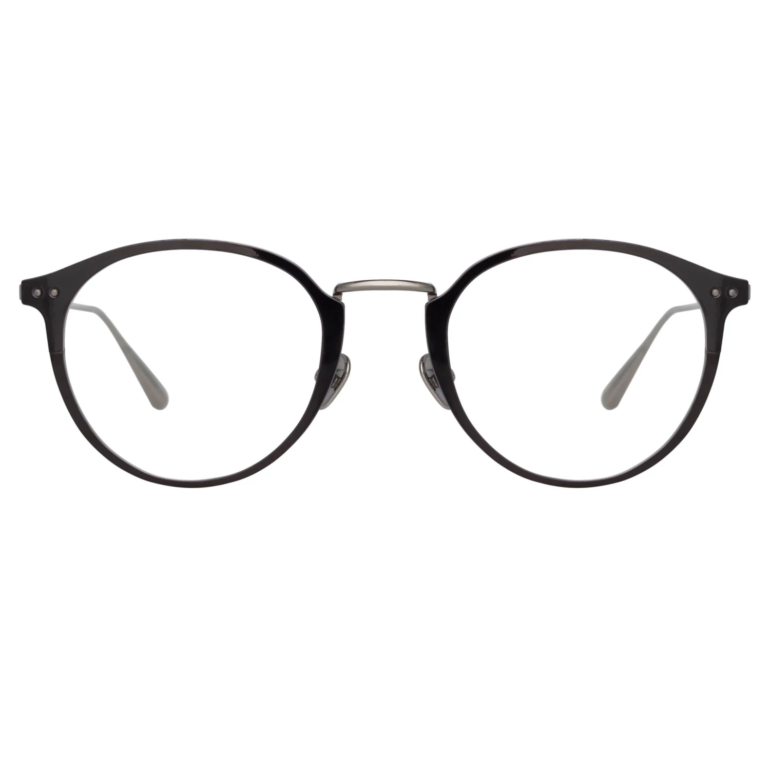 LINDA FARROW (U.K.) Johan Oval Optical Frame In White Gold And Black 1 LINDA FARROW (U.K.) Johan Oval Optical Frame In White Gold And Black