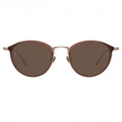 LINDA FARROW (U.K.) Luis Oval Sunglasses In Light Gold And Brown (Men's)