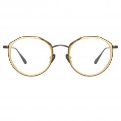 LINDA FARROW (U.K.) Cesar Angular Optical Frame In Nickel And Yellow Gold