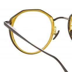 LINDA FARROW (U.K.) Cesar Angular Optical Frame In Nickel And Yellow Gold