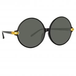 LINDA FARROW (U.K.) Victoria Round Sunglasses In Black