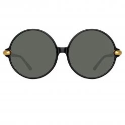 LINDA FARROW (U.K.) Victoria Round Sunglasses In Black